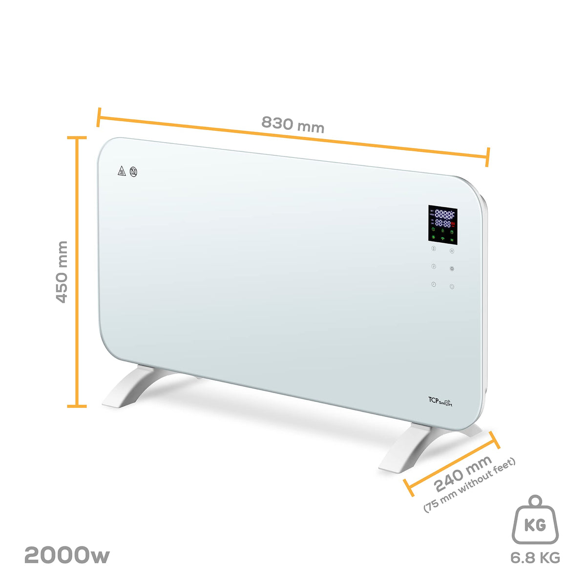 TCP Smart Glass Panel Heater 2000w White with App, WiFi, 2 Heat Modes, Voice Control Works with Alexa, Google Home & Siri Shortcuts, Wall Mounted or Portable, LED Display, Smart Schedules & Timers