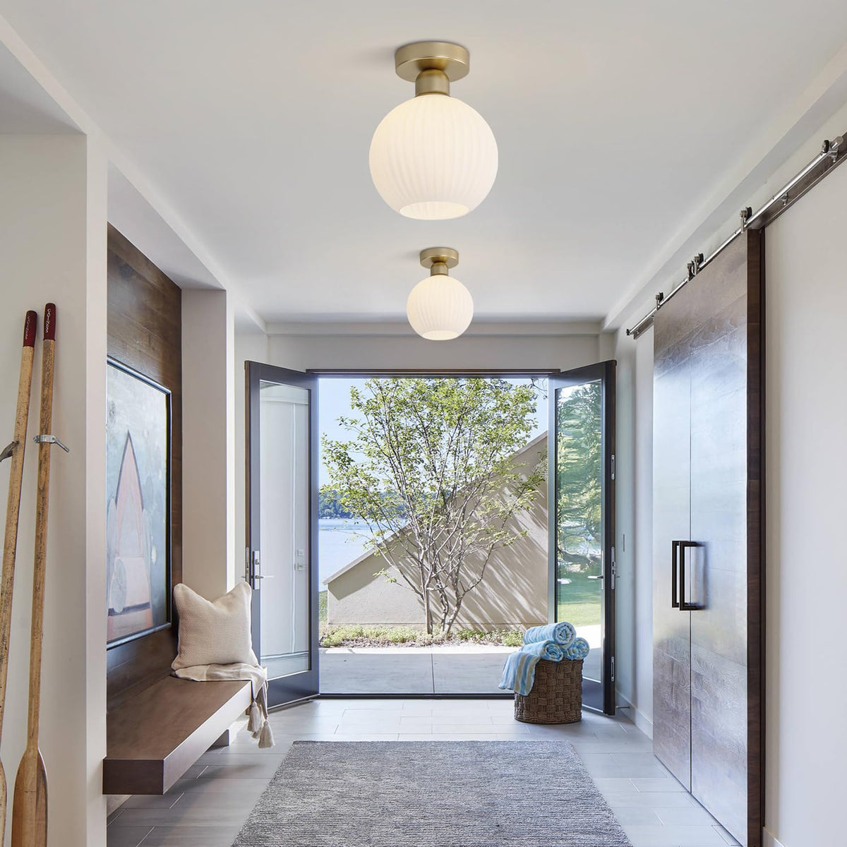 KCO Lighting 1 Ribbed Glass Flush Mount Ceiling Light Set of 2 Small Globe Round Semi Flush Mount Mid Century Modern Entry Hallway Light 2 Pack Gold and White