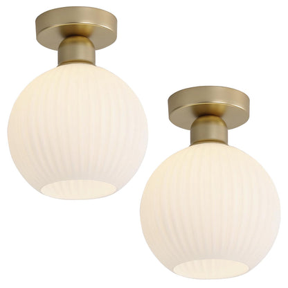 KCO Lighting 1 Ribbed Glass Flush Mount Ceiling Light Set of 2 Small Globe Round Semi Flush Mount Mid Century Modern Entry Hallway Light 2 Pack Gold and White