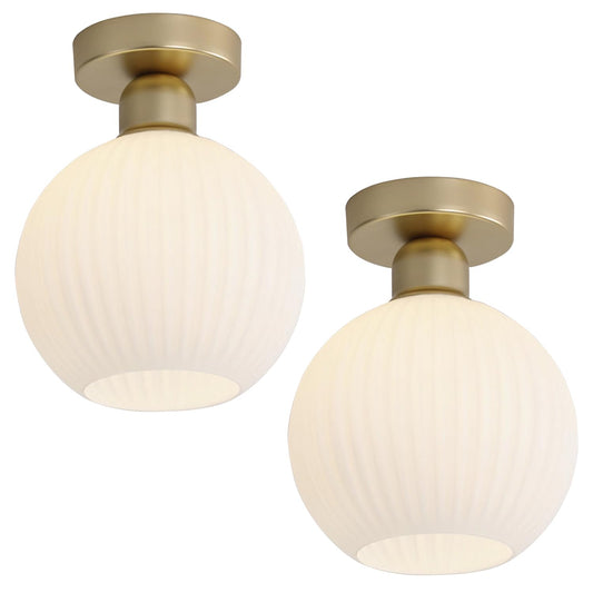 KCO Lighting 1 Ribbed Glass Flush Mount Ceiling Light Set of 2 Small Globe Round Semi Flush Mount Mid Century Modern Entry Hallway Light 2 Pack Gold and White