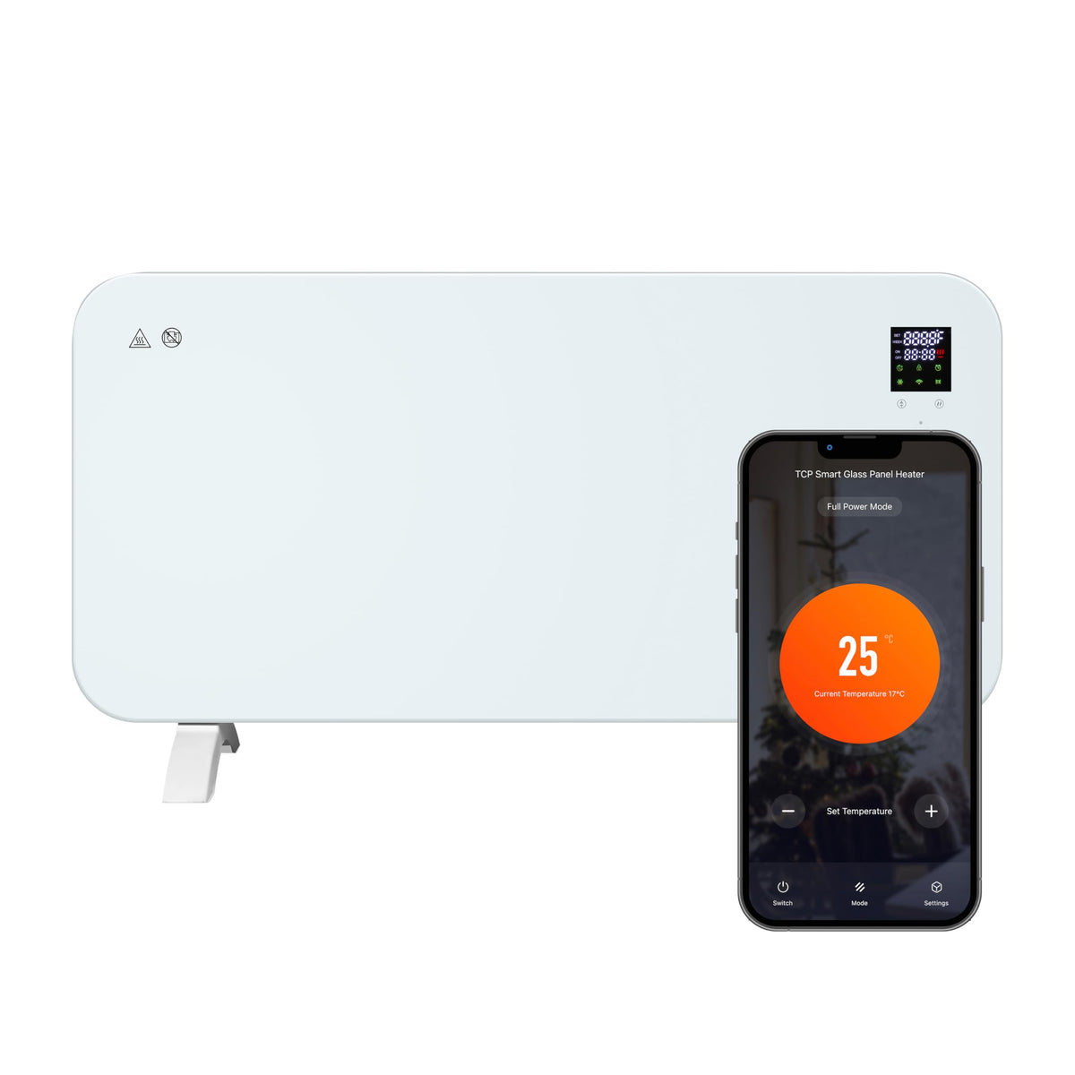 TCP Smart Glass Panel Heater 2000w White with App, WiFi, 2 Heat Modes, Voice Control Works with Alexa, Google Home & Siri Shortcuts, Wall Mounted or Portable, LED Display, Smart Schedules & Timers