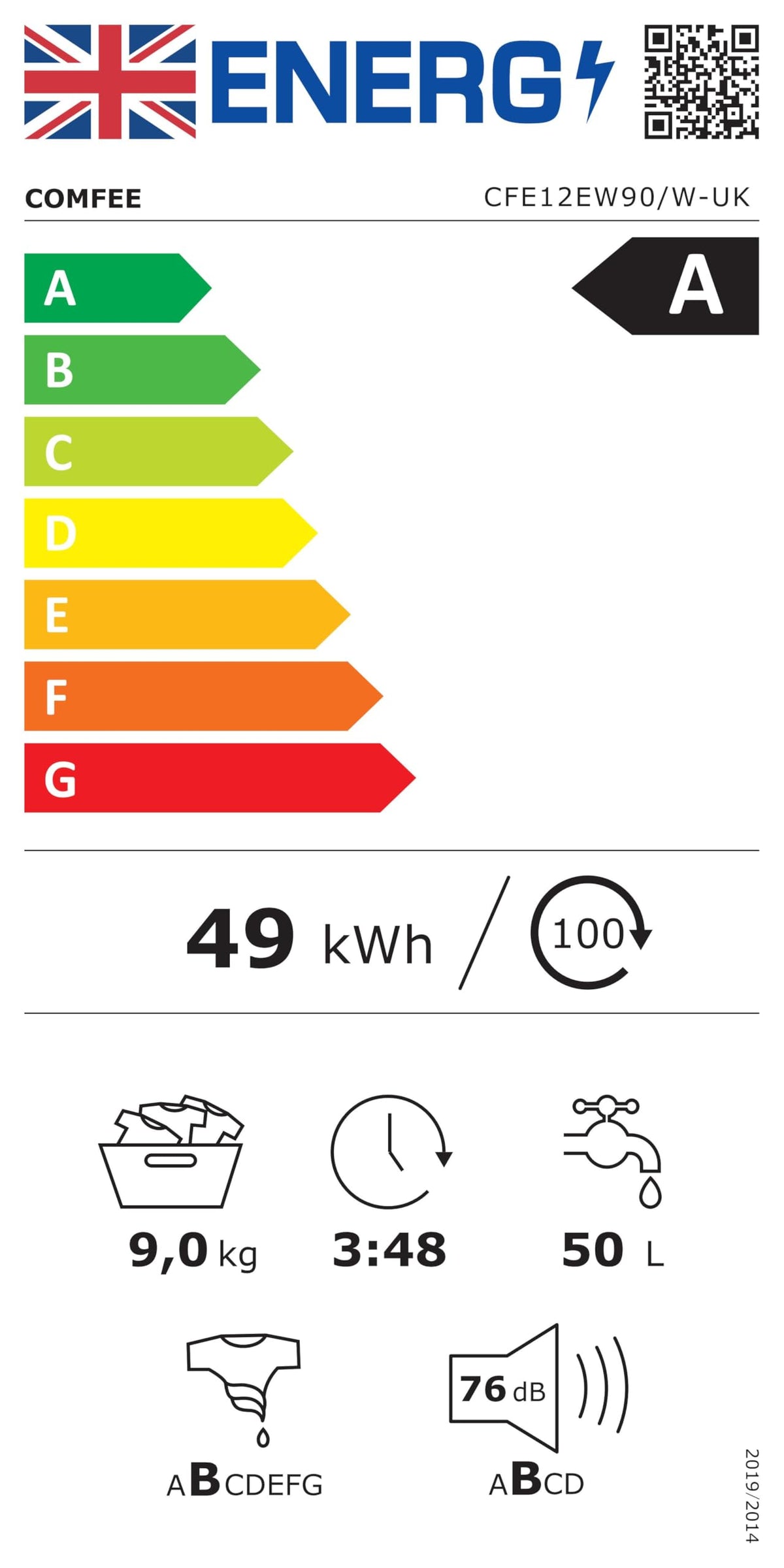 COMFEE' 9kg Washing Machine Energy Class A 1400rpm BLDC Motor Slim White