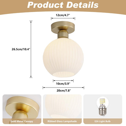KCO Lighting 1 Ribbed Glass Flush Mount Ceiling Light Set of 2 Small Globe Round Semi Flush Mount Mid Century Modern Entry Hallway Light 2 Pack Gold and White