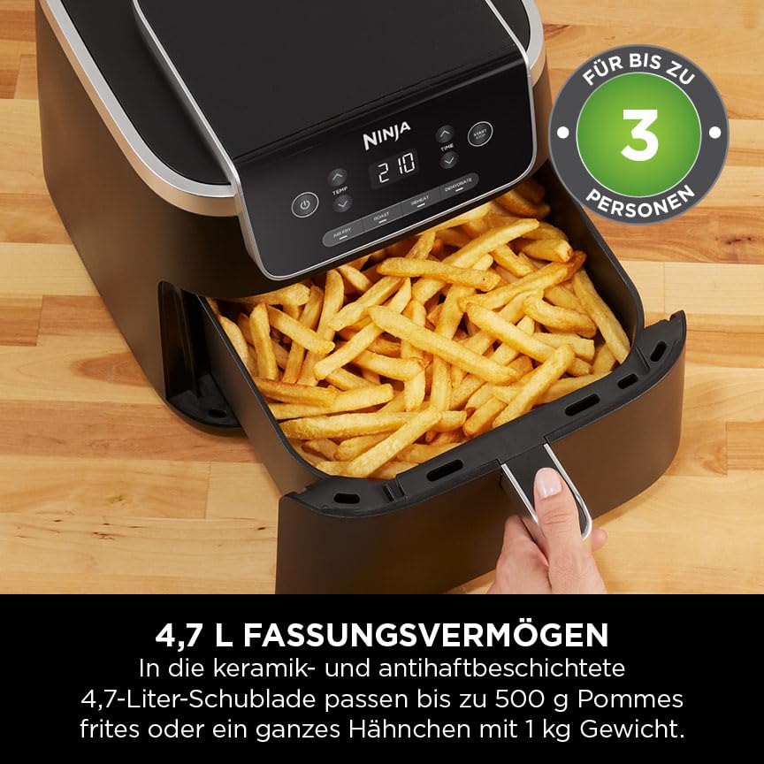 Ninja PRO Air Fryer Heißluftfritteuse, 4,7L Airfryer, Einzelkorb-Heißluftfritteuse, 4-in-1, für 1-2 Portionen, Digital, Kochen aus dem Gefrorenen, Antihaft-Schublade & Crisper Korb, Schwarz AF140EU
