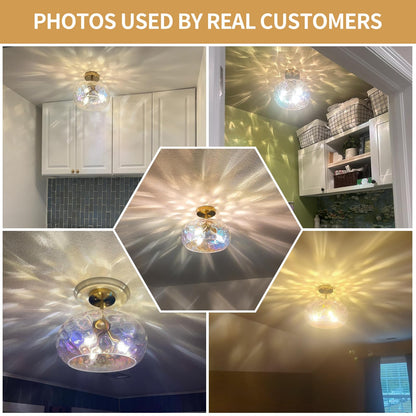 Vintage Semi Flush Mount Ceiling Light ,12″ Art Deco Rainbow Hammered Glass