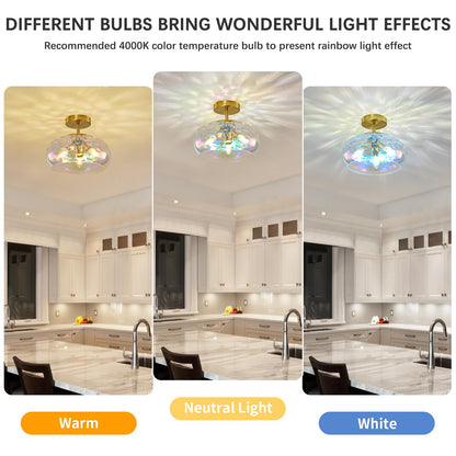 Vintage Semi Flush Mount Ceiling Light ,12″ Art Deco Rainbow Hammered Glass