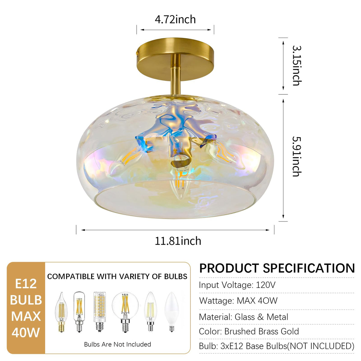 Vintage Semi Flush Mount Ceiling Light ,12″ Art Deco Rainbow Hammered Glass