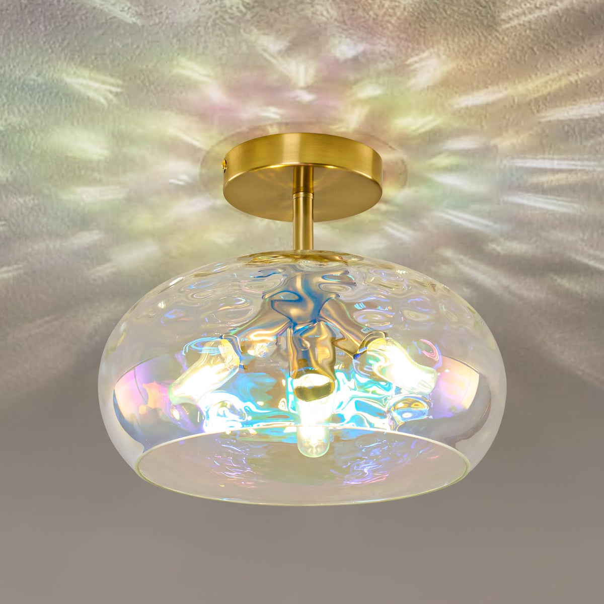 Vintage Semi Flush Mount Ceiling Light ,12″ Art Deco Rainbow Hammered Glass