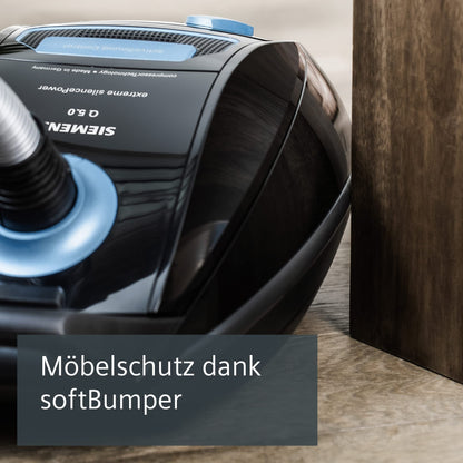 Siemens Staubsauger mit Beutel Q5.0 extreme silencePower VSQ5X1230, ideal für Allergiker, Hygiene-Filter, starke Saugleistung, Bodendüse für Parkett, Teppich, Fliesen, langes Kabel, 850 W, schwarz