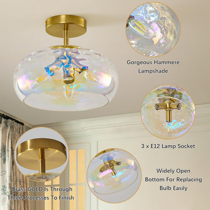Vintage Semi Flush Mount Ceiling Light ,12″ Art Deco Rainbow Hammered Glass