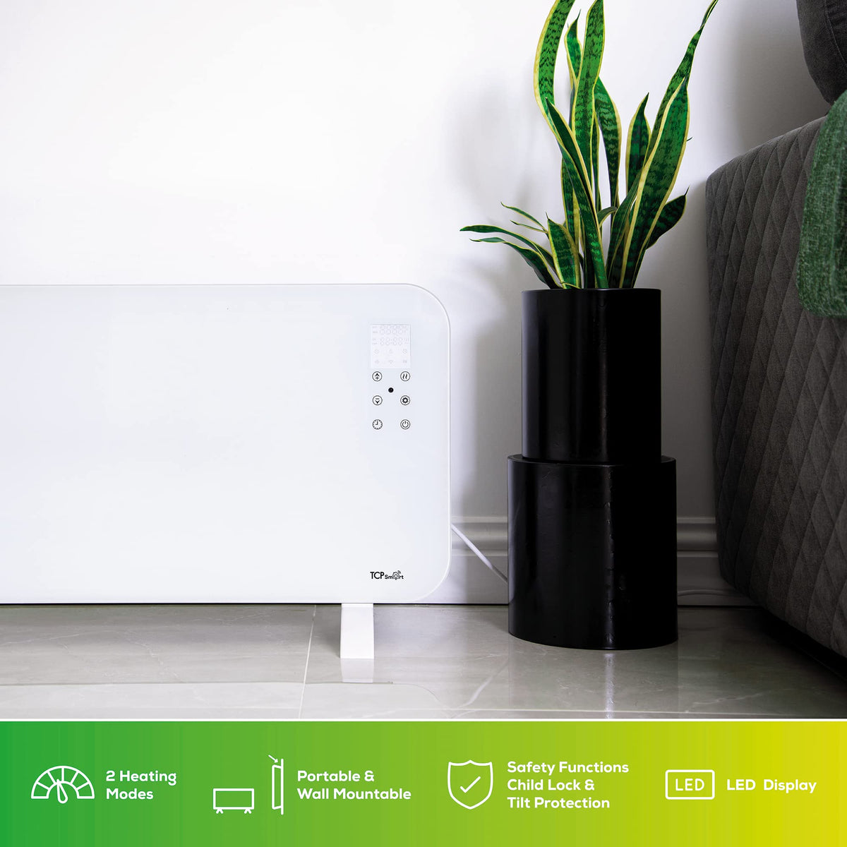 TCP Smart Glass Panel Heater 2000w White with App, WiFi, 2 Heat Modes, Voice Control Works with Alexa, Google Home & Siri Shortcuts, Wall Mounted or Portable, LED Display, Smart Schedules & Timers