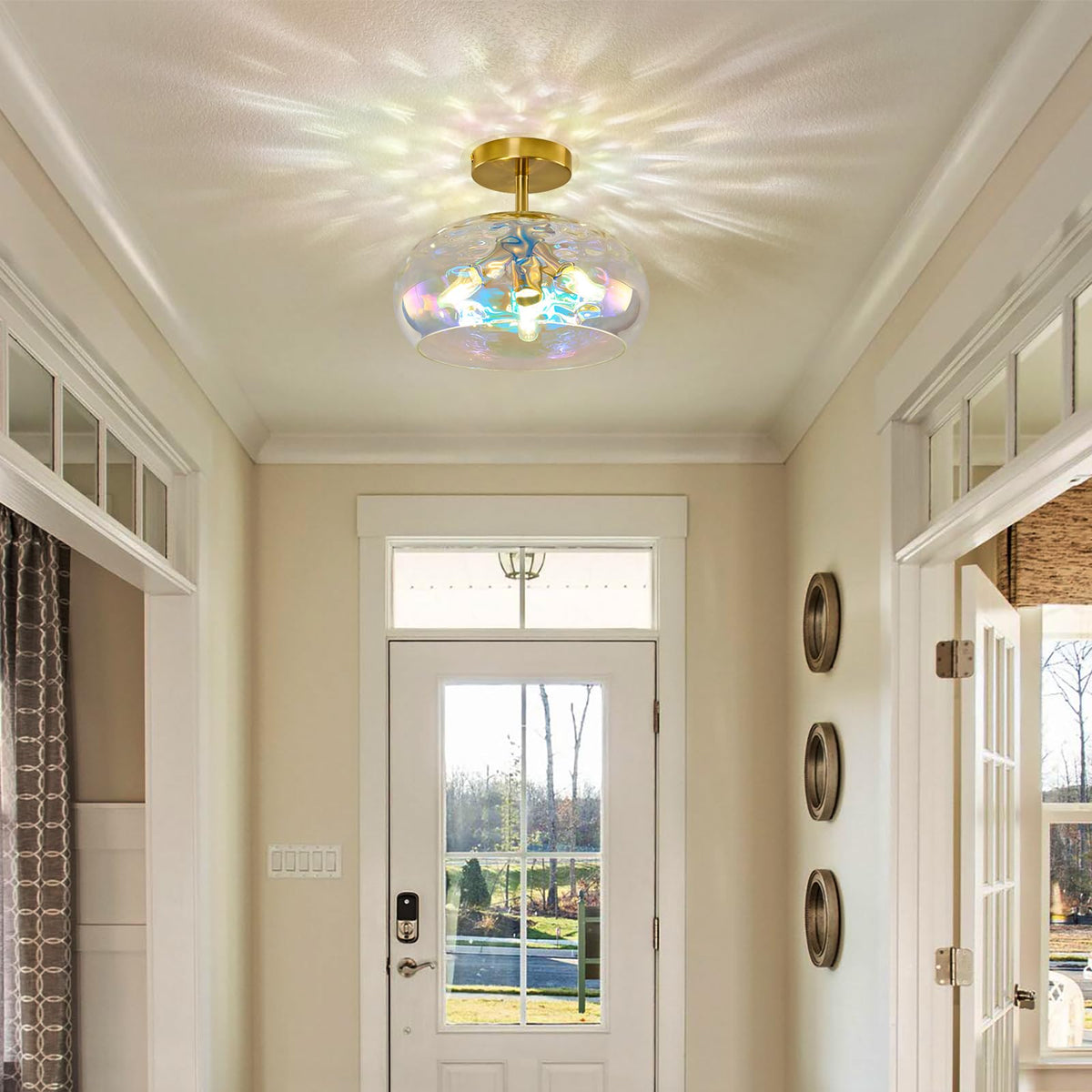 Vintage Semi Flush Mount Ceiling Light ,12″ Art Deco Rainbow Hammered Glass