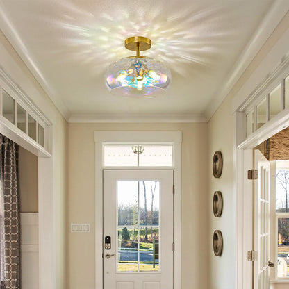 Vintage Semi Flush Mount Ceiling Light ,12″ Art Deco Rainbow Hammered Glass