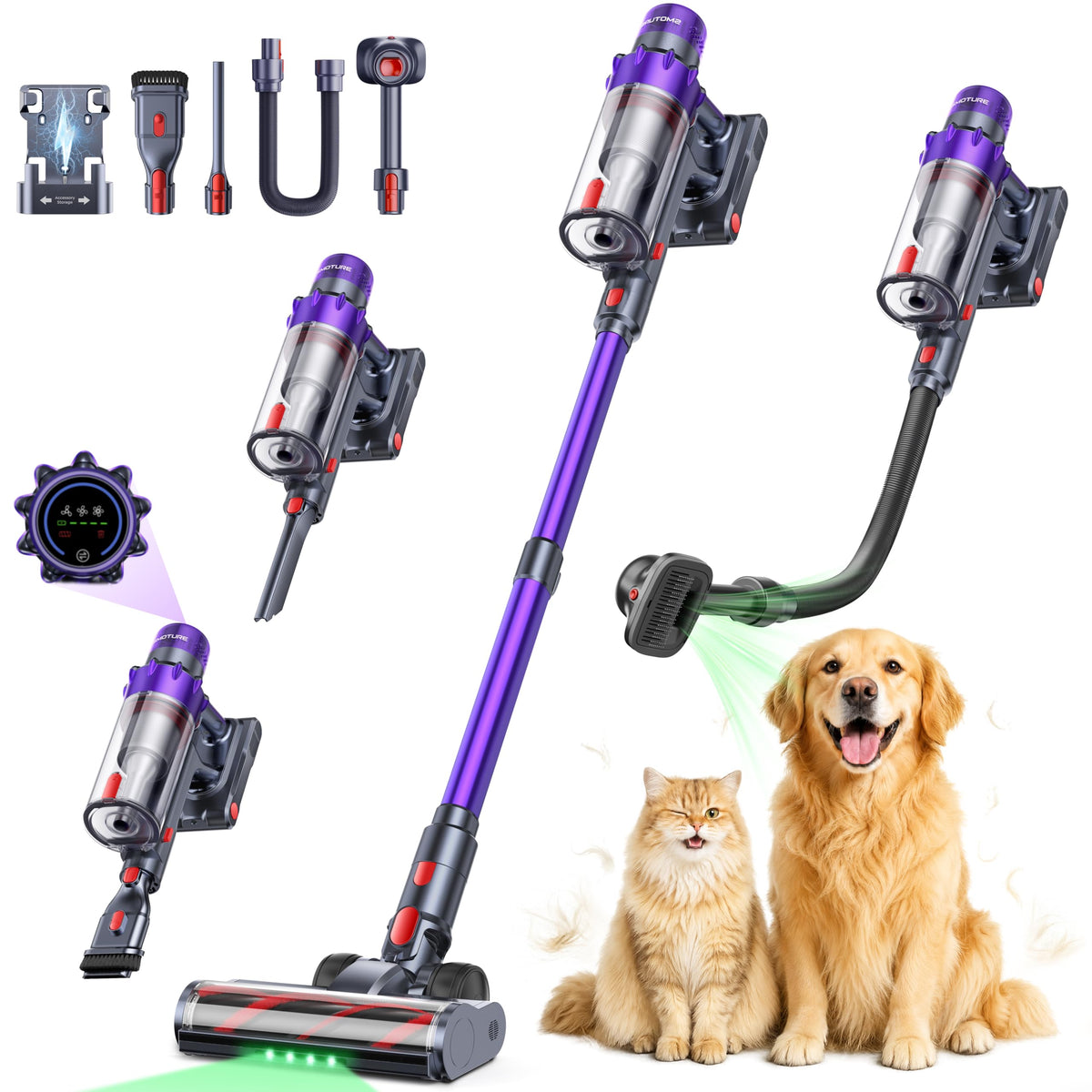 SMOTURE Cordless Vacuum Cleaner,55KPa Powerful Stick Vacuum Cleaner with 650W Motor,70 Min Runtime,Auto Mode,Detachable Battery,LED Touch Screen,Vacuum Cleaner for Pet Hair,Carpet,Hard Floor,Stair&Car