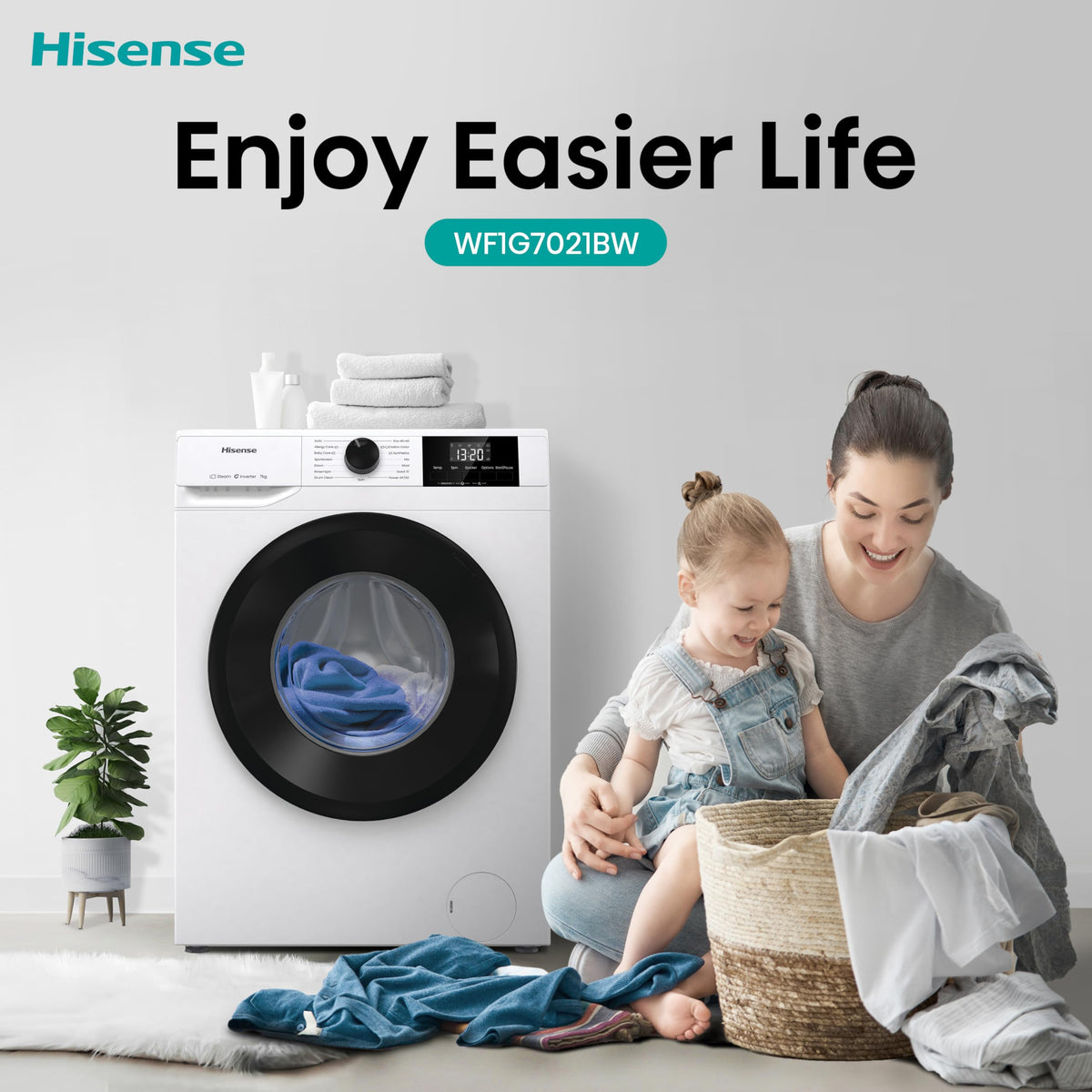 Hisense WF1G7021BW Freestanding 7 KG-Front Load Durable Inverter Washing Machine, Steam Wash-Quick Wash-15 Washing Programs-1200 RPM-White-Energy Rating B